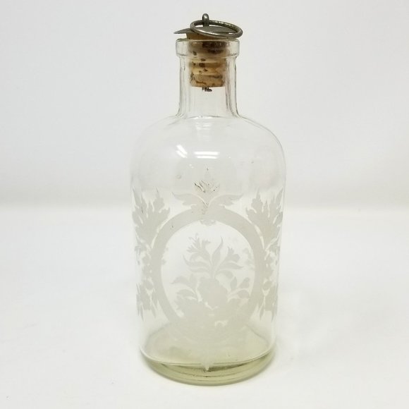 Vintage Etched Floral Clear Glass Apothecary Bottle with Metal Cork Stopper